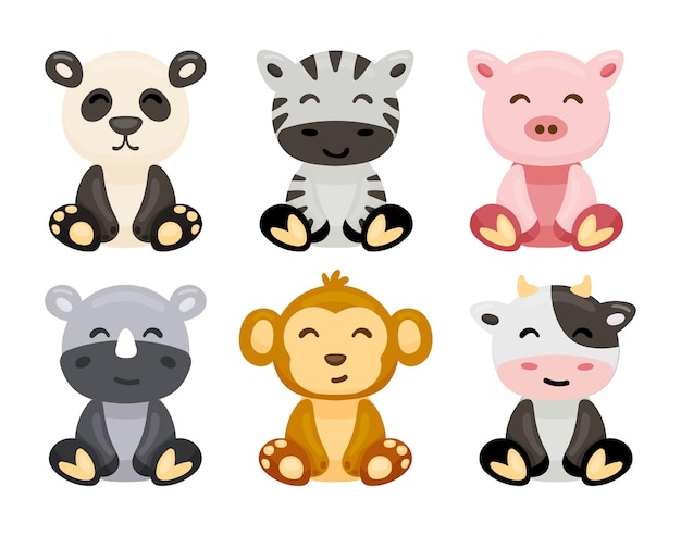 Vector schattige dieren baby illustratie set vector panda zebra varken neushoorn aap koe