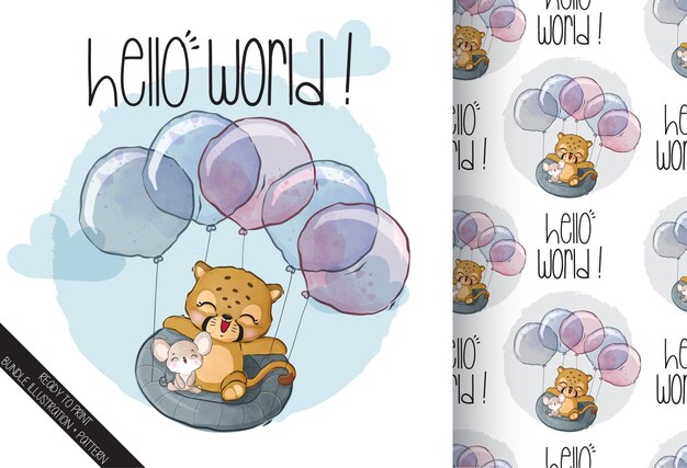 Schattige dieren baby tijger vliegen met ballon naadloze patroon