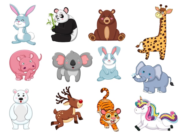 Schattige dieren collectie. dier isoleert in cartoon vlakke stijl. witte achtergrond. Vector illustratie ontwerpsjabloon. Boerderijdieren, wilde dieren, waterdieren