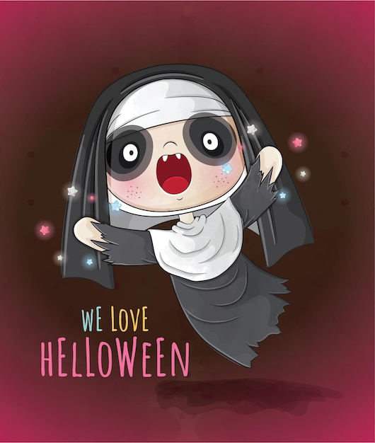 Vector schattige dieren kleine spook kinderen happy halloween illustratie - schattige dieren aquarel kinderen karakter