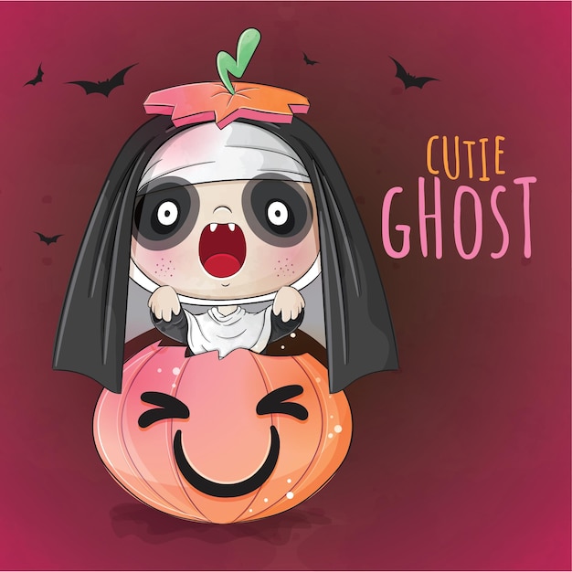 Vector schattige dieren kleine spookkinderen met pompoen halloween-illustratie - schattige dieren aquarel kinderen