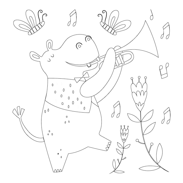 Schattige dieren Kleurplaten voor kinderen met muziekinstrument afdrukbare premium vector