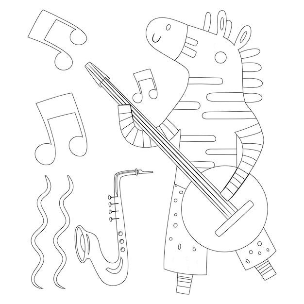 Schattige dieren Kleurplaten voor kinderen met muziekinstrument afdrukbare premium vector