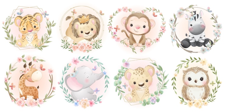 Vector schattige dieren met bloemencollectie