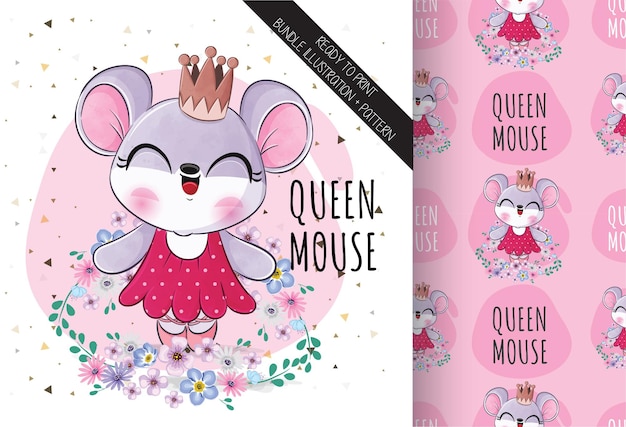 Schattige dieren mooie koningin muis met bloemen illustratie Illustratie van achtergrond