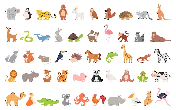 Vector schattige dieren set met boerderij en wild karakter. kat en leeuw, olifant en aap. zoo collectie.