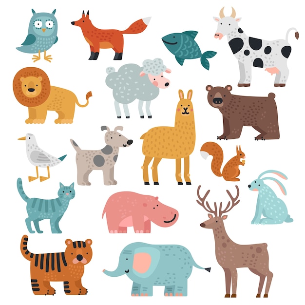 Schattige dieren. tijger, uil en beer, olifant en leeuw, lama en hert, haas en hond, wilde eekhoorn en boerderij tekenfilm dieren vector set