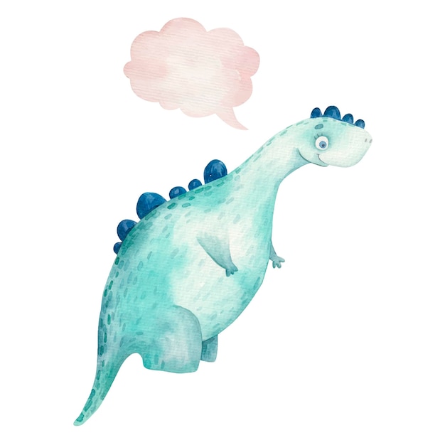 Schattige dino glimlachend en dacht pictogram, wolk, kinderillustratie aquarel