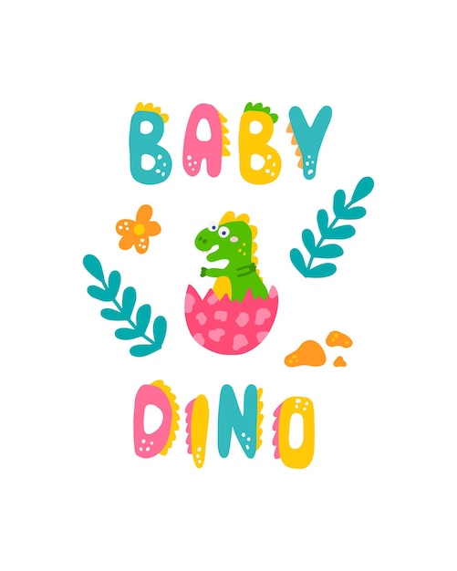 Schattige dinosaurus babyprint Kleine dino in platte handgetekende stijl met handletters