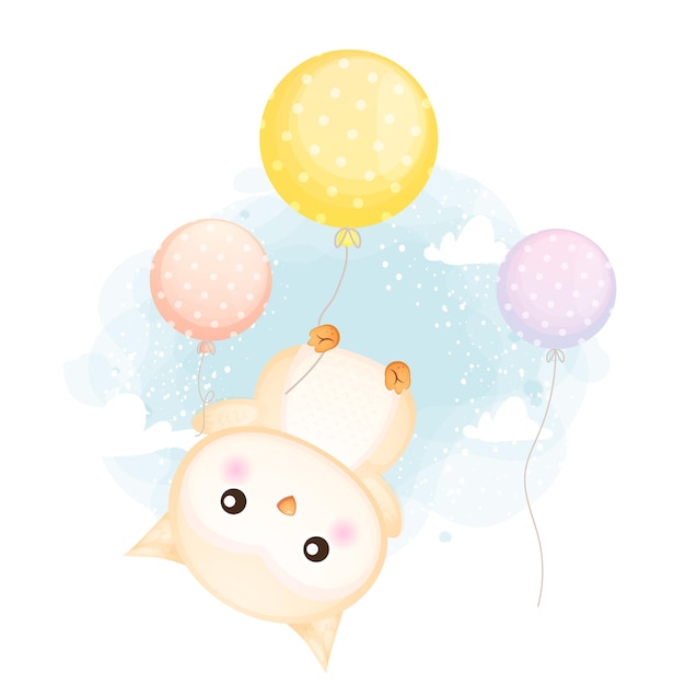 Schattige doodle baby uil zwevend met ballonnen in de lucht cartoon