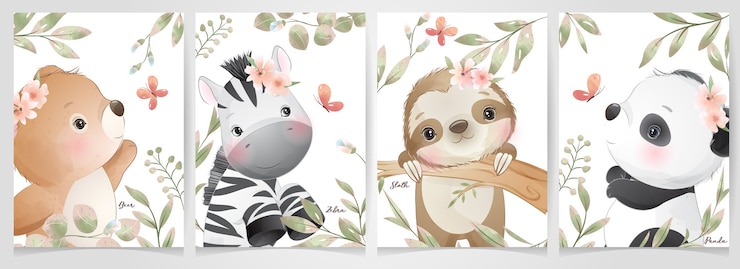Vector schattige doodle dieren met bloemencollectie