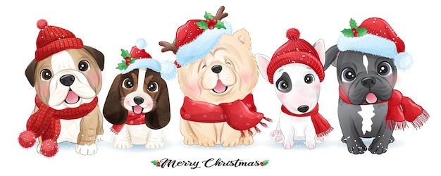 Schattige doodle puppy voor Kerstmis met aquarel illustratie