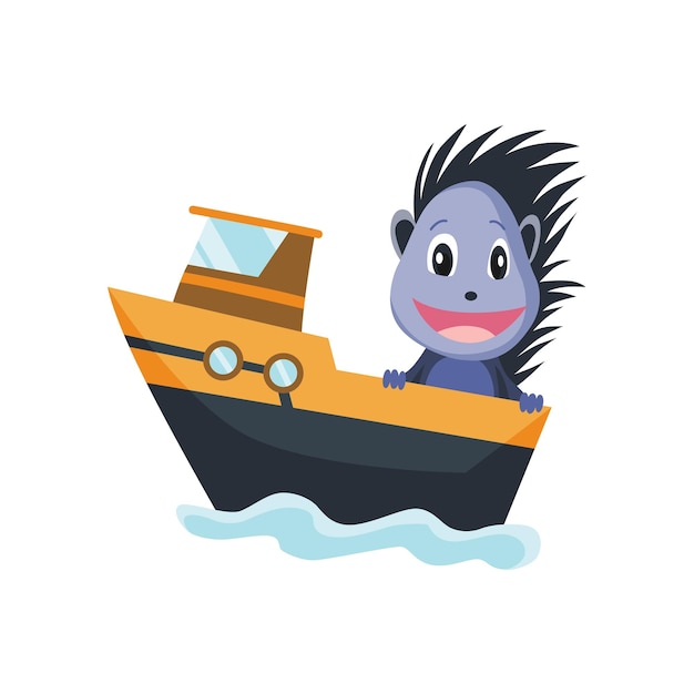 Schattige egel dier zeilen op boot vector grappige cartoon matroos op schip stoomboot met water golven geïsoleerd op een witte achtergrond baby character