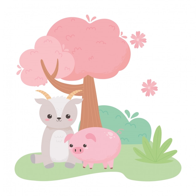 Schattige geit en varken bloemen boom bush tekenfilm dieren in een natuurlijk landschap