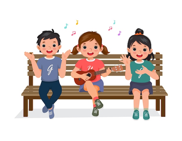 Schattige gelukkige kinderen klappen handen zingen gitaar spelen plezier samen zittend op de bank