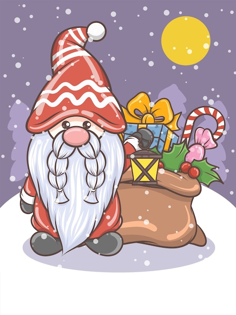 Schattige gnome met een zonne-lantaarn - kerst illustratie