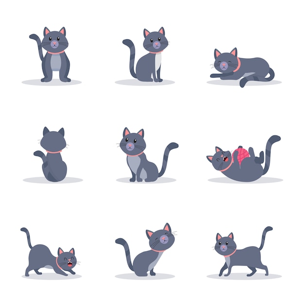 Schattige grijze katten kleur illustraties set