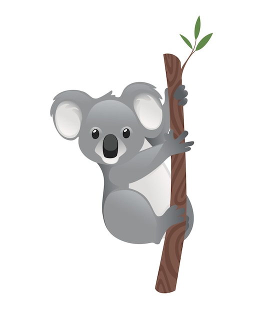 Vector schattige grijze koala beer zitten op houten tak met groene bladeren cartoon dierlijk ontwerp platte vectorillustratie geïsoleerd op een witte achtergrond