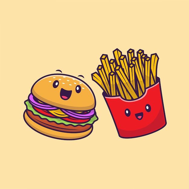 Schattige hamburger en frietjes Cartoon pictogram illustratie. Fast Food karakter pictogram Concept geïsoleerd Premium. Flat Cartoon stijl