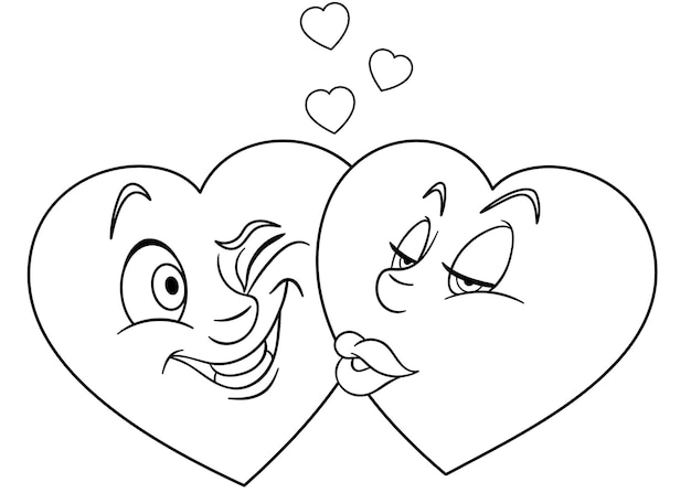 Vector schattige hart emoji karakters zoenen. cartoon grappig voedsel emoji gezicht. kinderen kleurplaat.