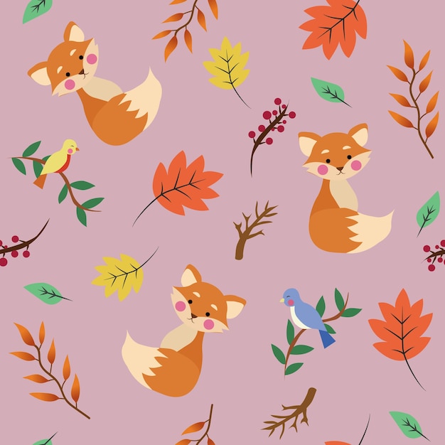 Schattige herfst vos bladeren en vogel naadloze patroon vectorafbeelding voor kinderkleding, deken, boek