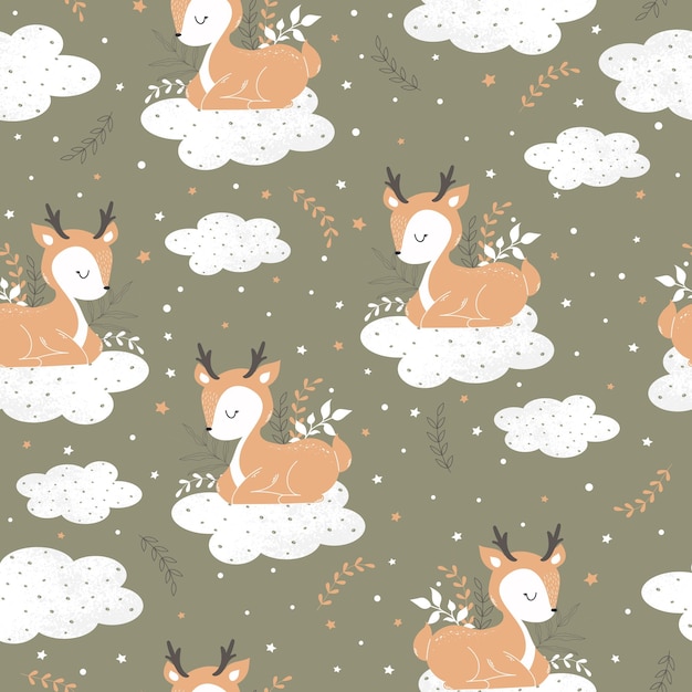 Schattige herten slapen op een wolk tussen de sterren naadloze patroon voor poster stof print en ansichtkaart