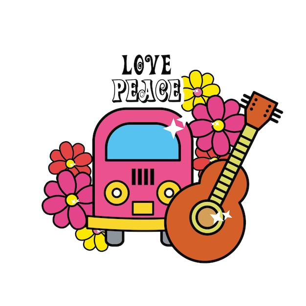 Schattige hippie minibus met bloemen en gitaar