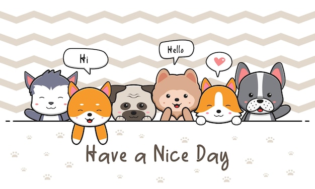 Schattige hond en vrienden wenskaart doodle cartoon pictogram illustratie platte cartoon stijl ontwerp