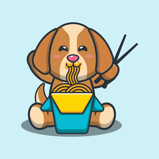Schattige hond eten noodle cartoon afbeelding