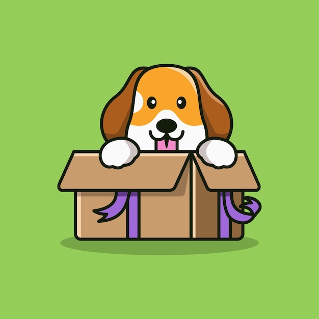 Schattige hond in doos vector pictogram illustratie met cartoon stijl