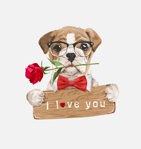schattige hond in glazen met liefde houten teken illustratie