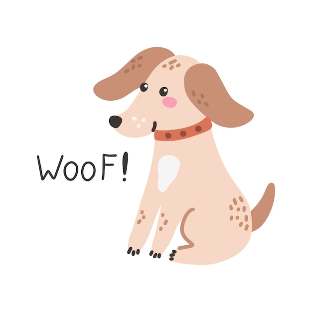 Schattige hond met belettering Woof Vector handgetekende illustratie kinderprint voor ansichtkaarten posters