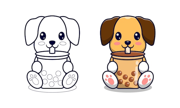 Schattige hond met bubble tea cartoon kleurplaten voor kinderen