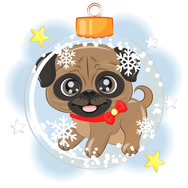 Schattige hond Mopshond in een kerstboom bal Kerst vectorillustratie