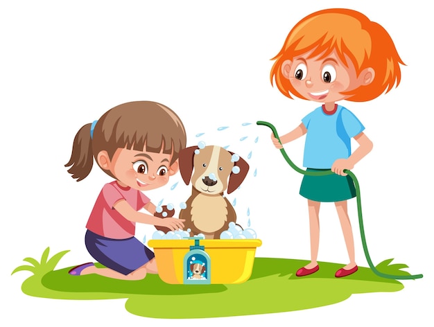 Schattige hond neemt een bad met twee kleine meid