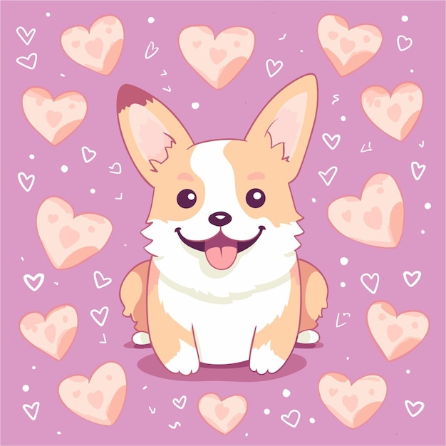 Schattige hond op een roze achtergrond vol harten vectorillustratie