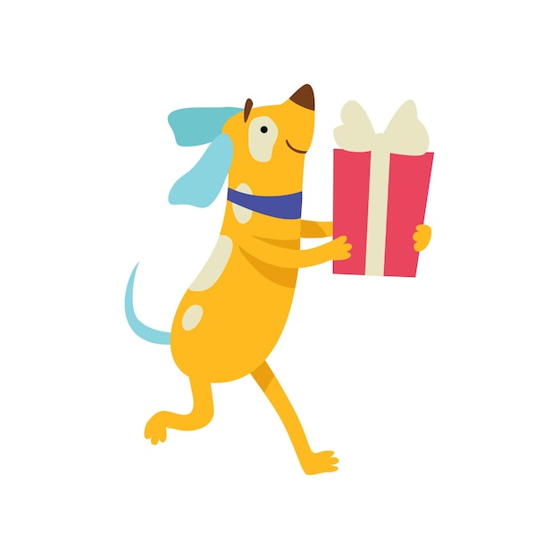 Schattige hond uitvoering geschenkdoos grappige dierlijke stripfiguur op verjaardagsfeestje vector illustratie geïsoleerd op een witte achtergrond