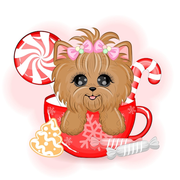 Schattige hond Yorkshire Terrier in een kom met kerstsnoep vectorillustratie