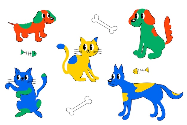 Schattige honden doodle vector set cartoon hond of puppy tekens ontwerp collectie met egale kleur in verschillende poses set van grappige gezelschapsdieren geïsoleerd op een witte achtergrond eps