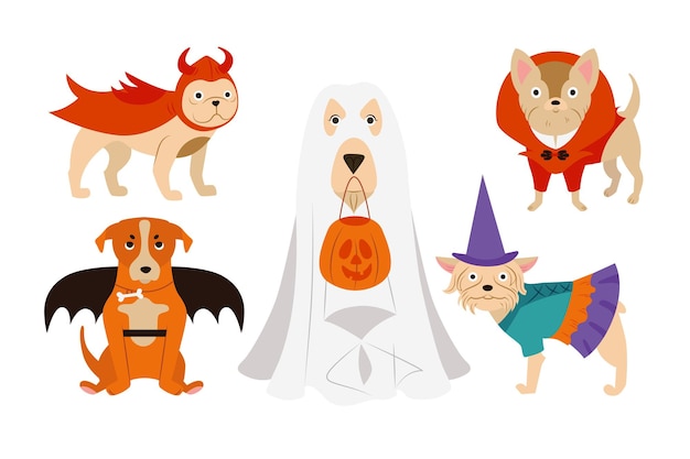 Schattige honden van verschillende rassen in Halloween-kostuums set Funny Pets Animals Dressed