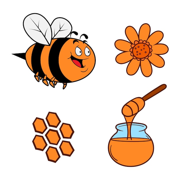 Schattige honingbij bloemen honingraat en honingpot honing maken cyclus cartoon vector