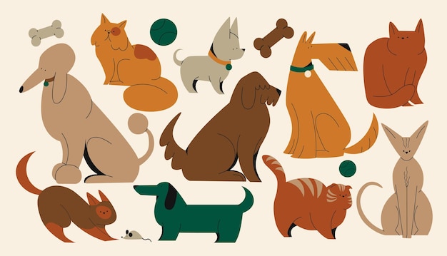 Schattige huisdieren katten en honden puppy's stripfiguren in retro-stijl Dieren dierenarts dierentuin sticker