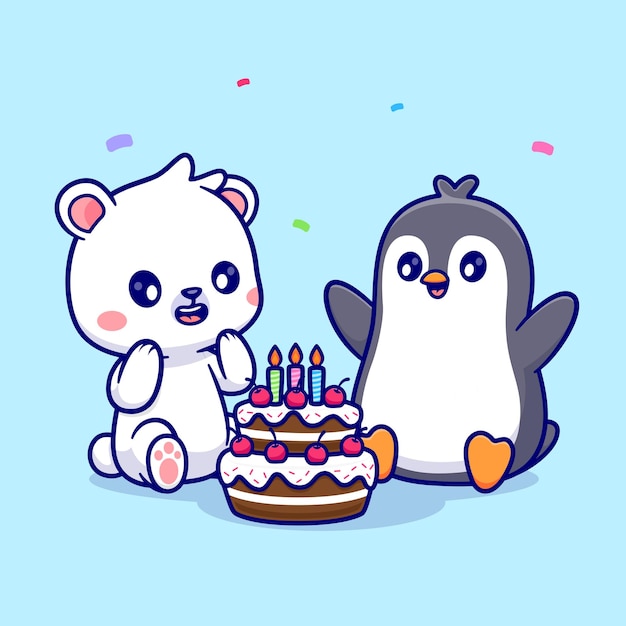 Schattige ijsbeer en pinguïn met verjaardagstaart Cartoon vector pictogram illustratie dierlijk voedsel pictogram