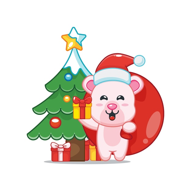 Schattige ijsbeer in kerstdag met cadeau leuke kerst cartoon afbeelding