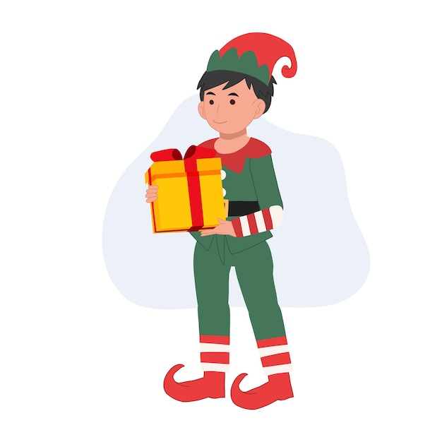 Schattige jonge kerst elf jongen met huidige doos vectorillustratie