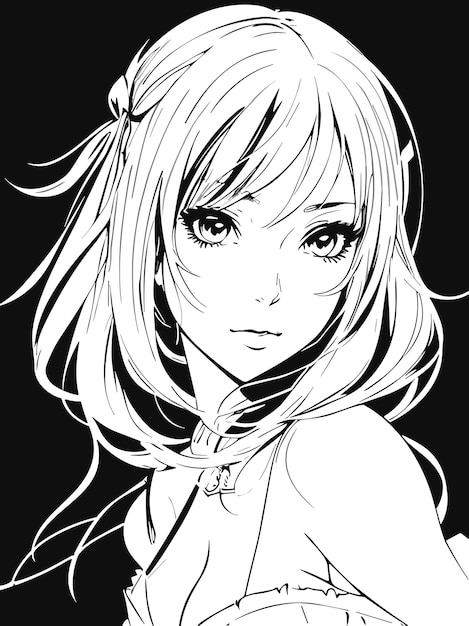 Vector schattige jonge vrouwelijke schets in zwart-wit kleuren anime kunststijl illustratie portret