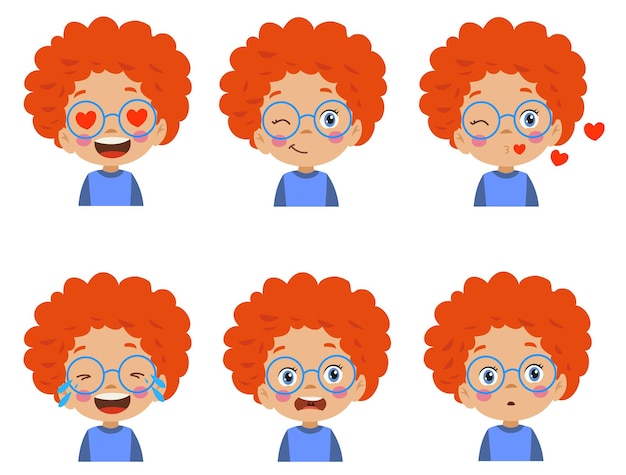 Vector schattige jongen gezichtsuitdrukking emoji emoticon set