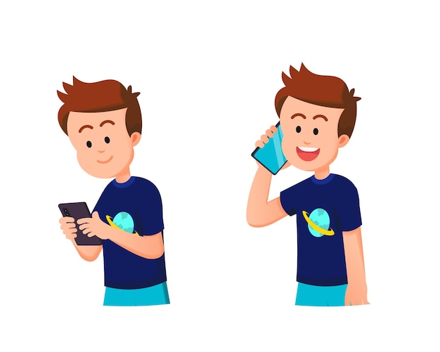 Vector schattige jongen stuurt berichten en belt met zijn smartphone