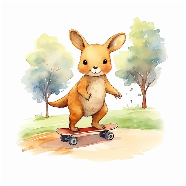 Vector schattige kangoeroe-baby die op een skateboard aquarelverf rijdt