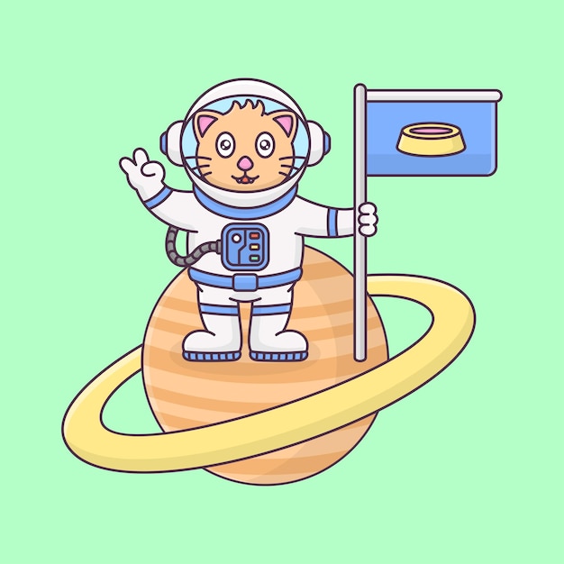 Schattige kat astronaut vlag op saturnus cartoon vector pictogram illustratie wetenschap technologie icon